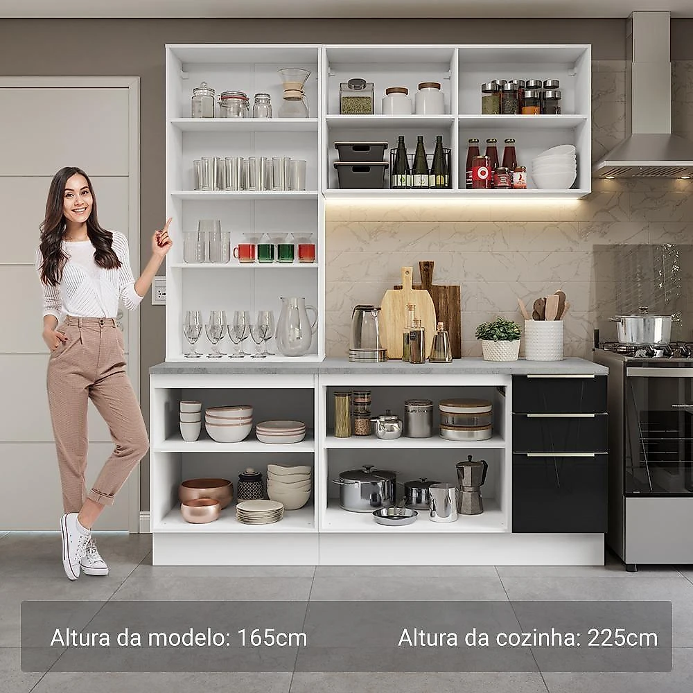 Armário De Cozinha Completa 190cm Lux Madesa Branco Preto