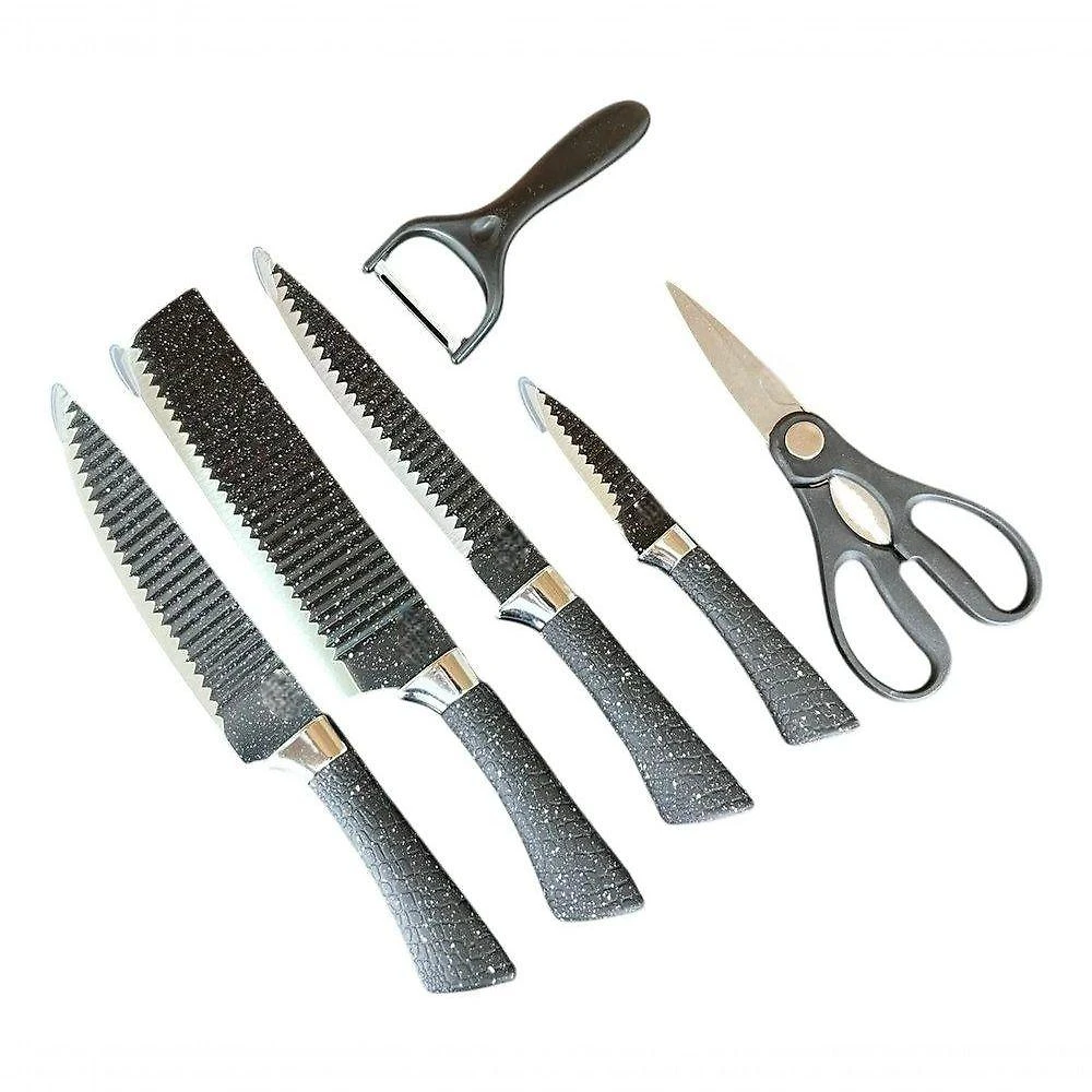 Kit Facas 6 Peças em Aço Inox com Tesoura e Descascador para Cozinha Preta Thika Importadora