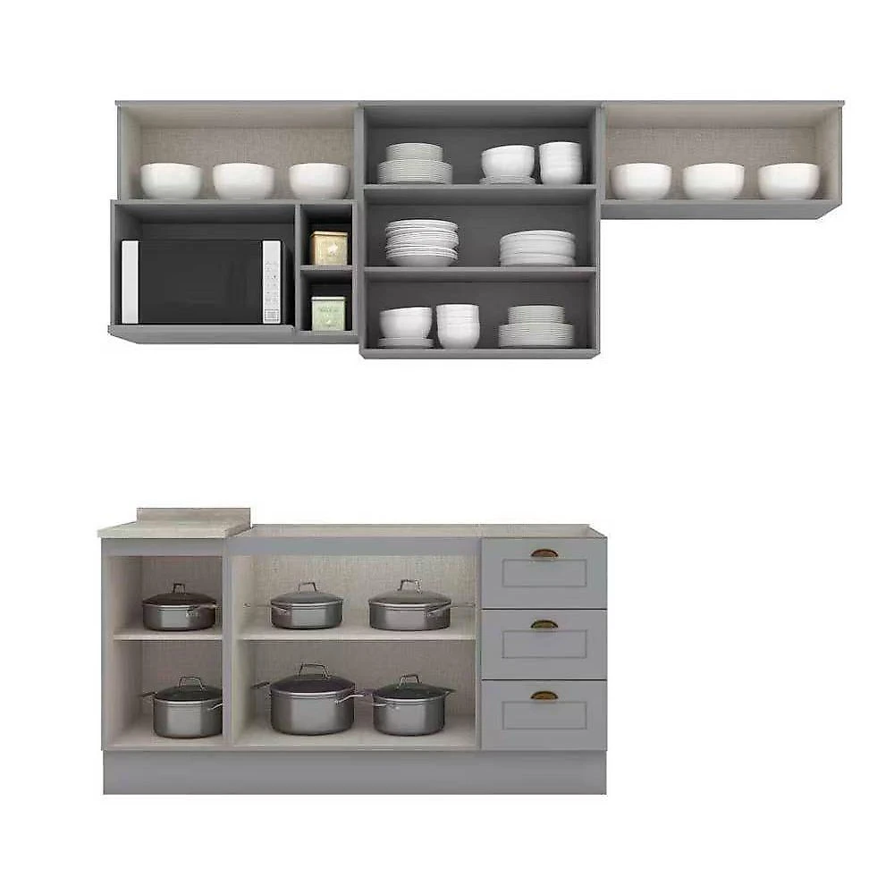 Cozinha Completa 7 Peças 2 Portas 3 Gavetas MDF 120CM Cinza com Calcáreo Kit Balcão e Armário