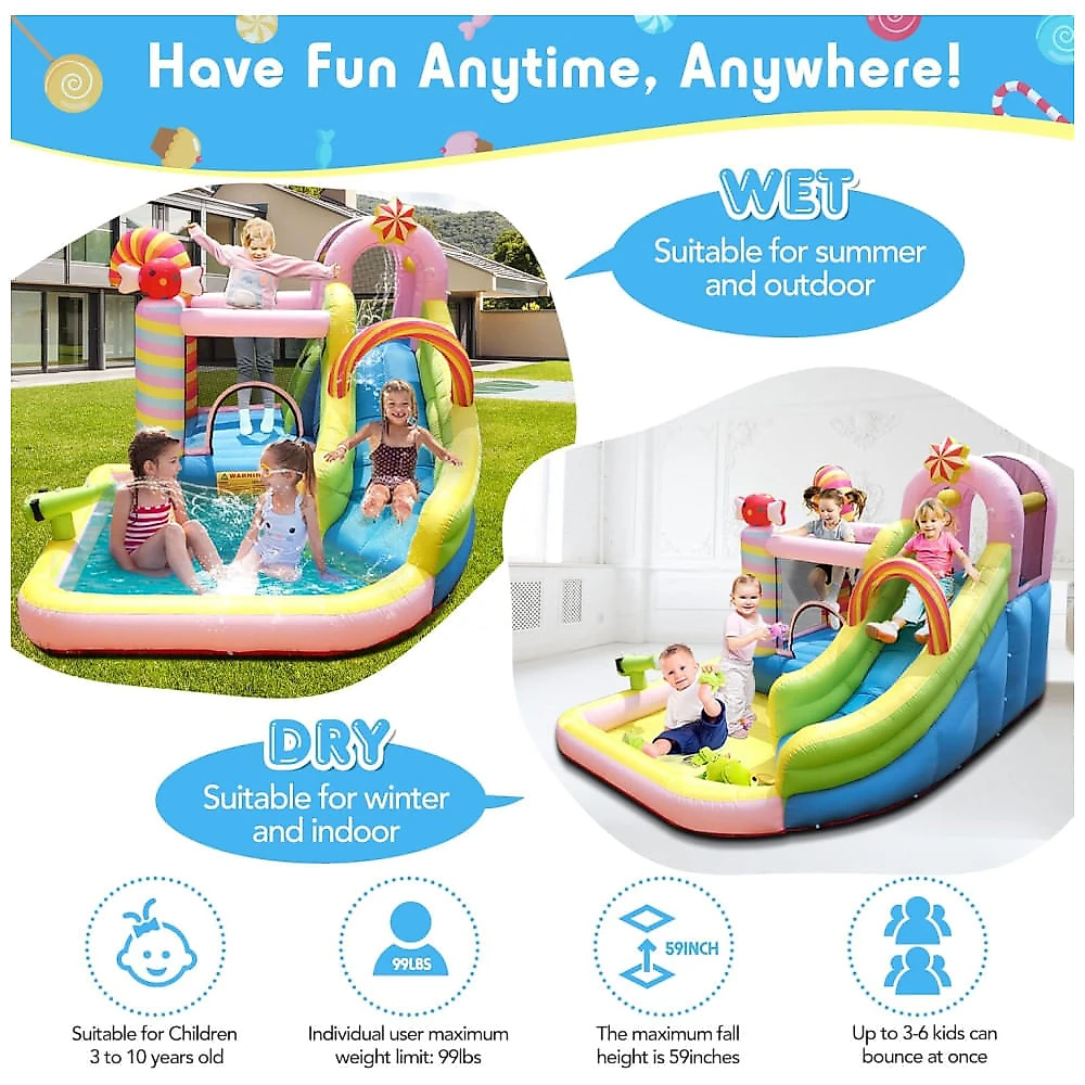 Parque Aquático Inflável Casa de Pula-Pula e Escorregador, 6 em 1 Doce Casa de Doces, Combo com 450W de Potência, Piscina de Splash,NBSPORT