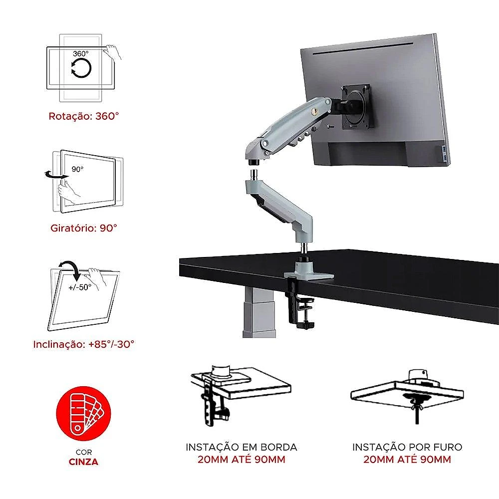 Suporte de Mesa Articulado para Monitor de 17" a 30" North Bayou, Ajustes com Pistão a Gás, Cinza - F80-XV NB