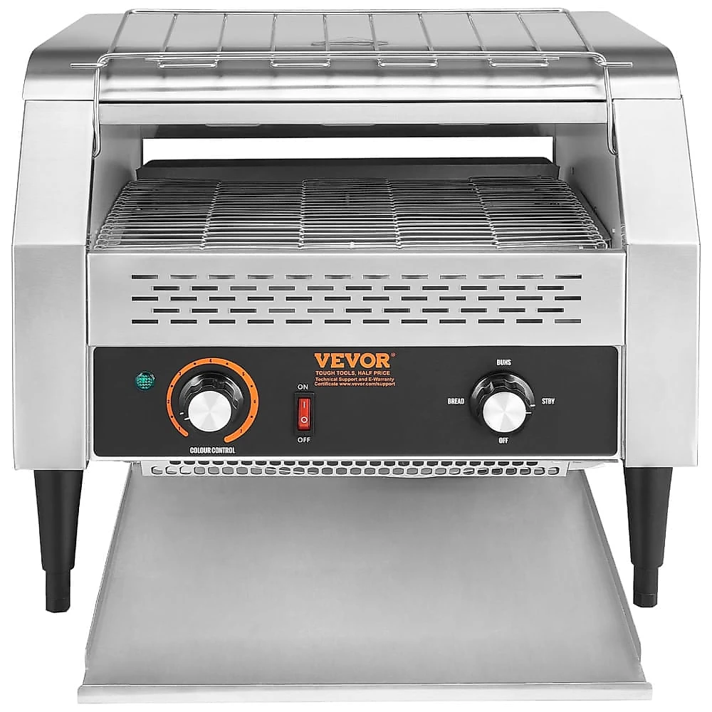 Torradeira Comercial de Esteira VEVOR 1770W, 450 Fatias por Hora, Forno Elétrico Robusto, Correia de Aço Inoxidável 304 para Alimentos, Controle Duplo