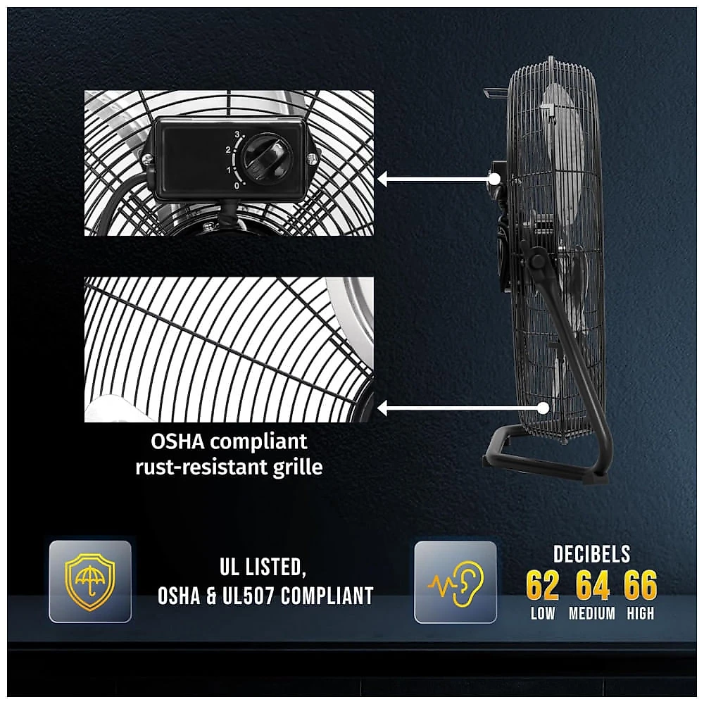 Ventilador de Piso Metal 50,8 cm Tornado Preto 3 Velocidades Alta Vazão 4750 CFM Inclinação 120° Modelo HI-FAN-20HVFF-1P, 110V