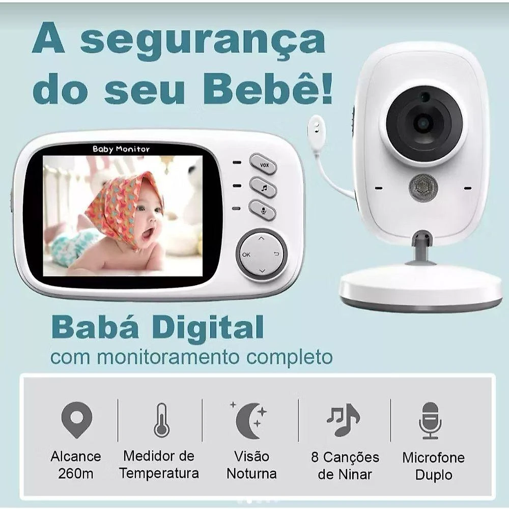 Babá Eletrônica Alex com Monitor LCD 3.2 Visão Noturna Sensor de Temperatura e Áudio Bidirecional