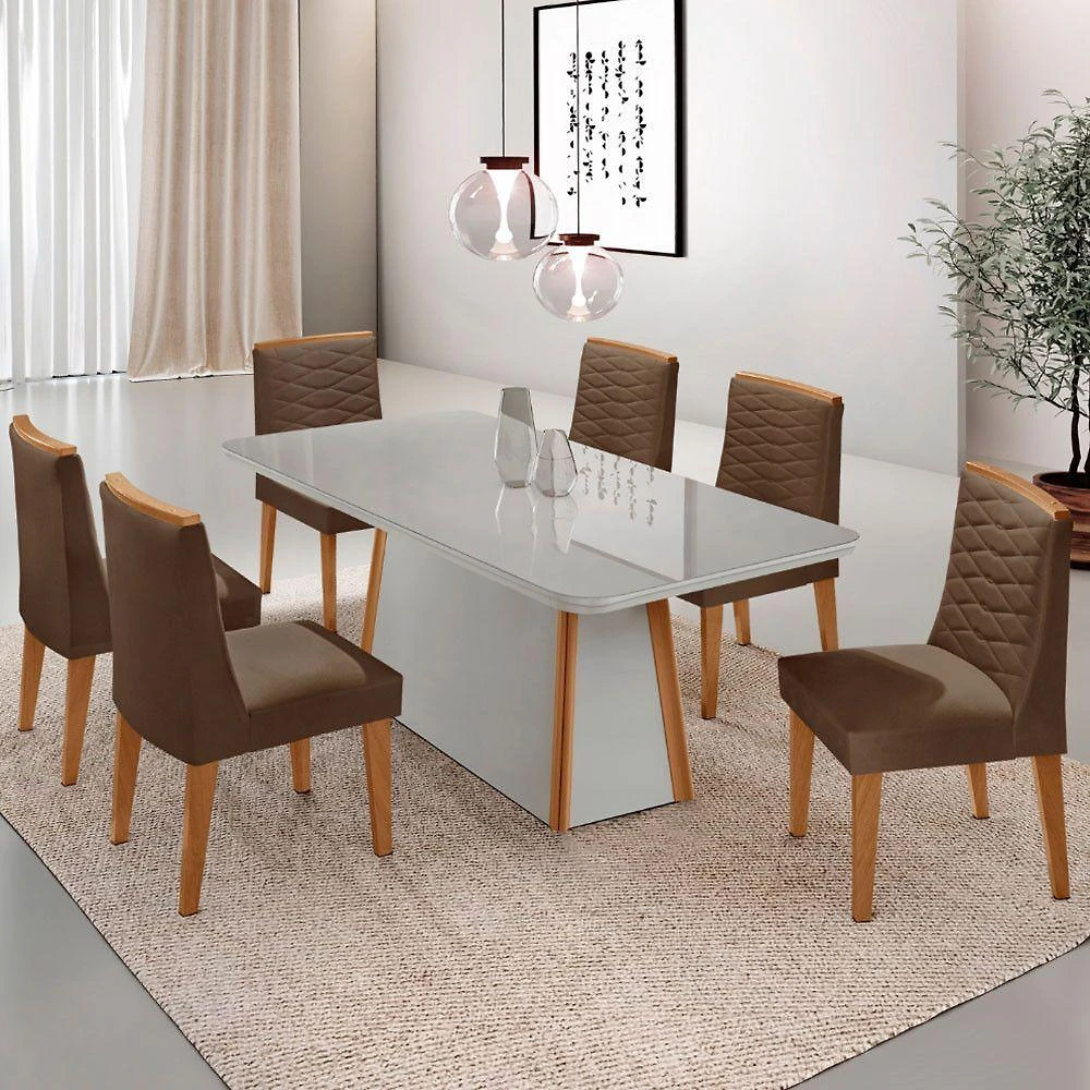 Mesa De Jantar Diane 180cm Mdf Vidro Com 6 Cadeiras Moderna Veludo Marrom Off White Naturale Serigrafia