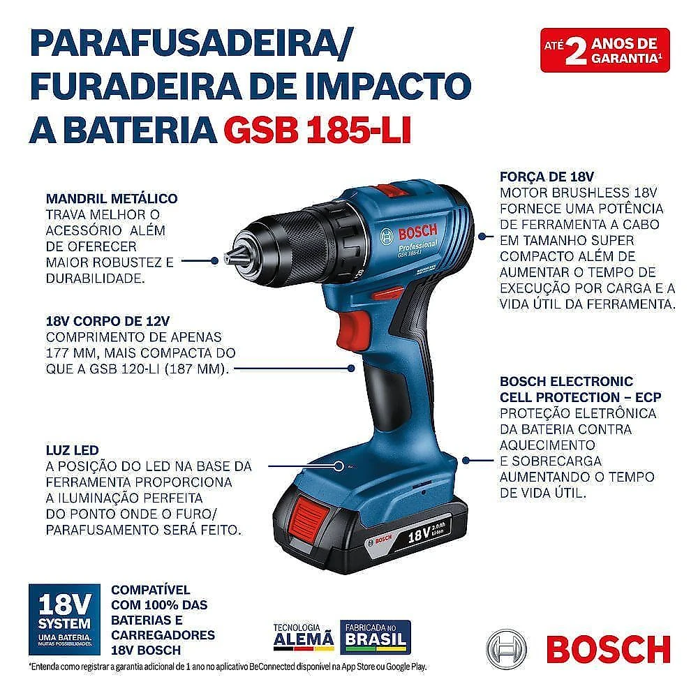 Parafusadeira Furadeira de Impacto 18 Volts 2 Baterias com Maleta + 23 Acessórios Gsb185li Bosch