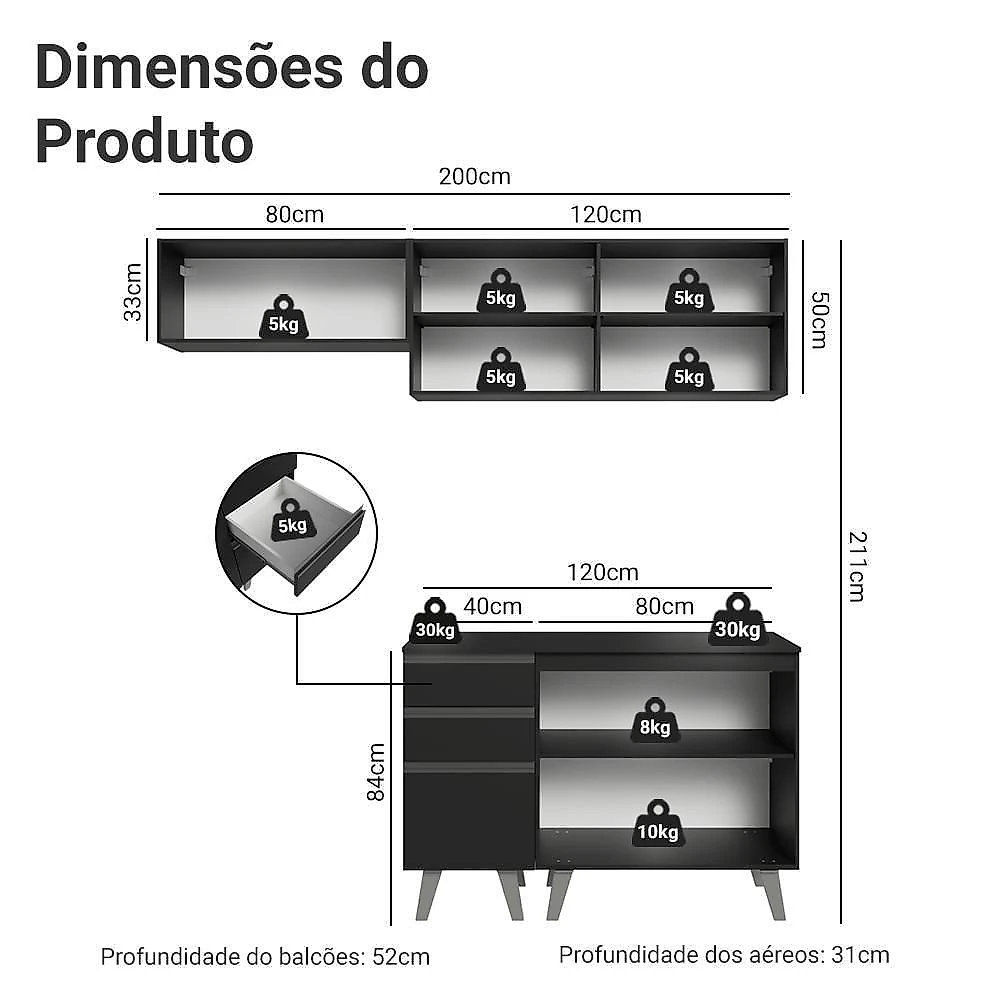 Armário De Cozinha Compacta 200 Cm Preto Nice Madesa 06 Preto