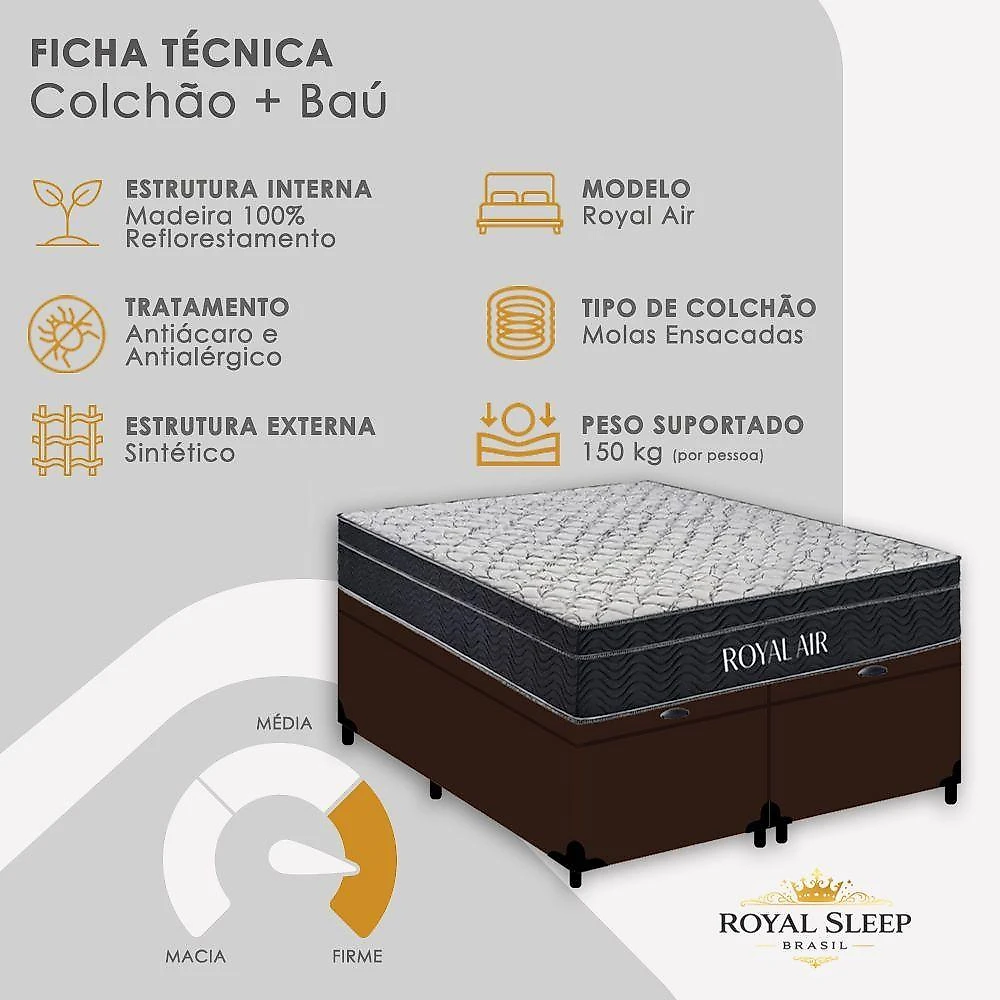 Cama Box com Baú Queen Royal Air Pillow Top Molas Ensacadas Marrom Royal