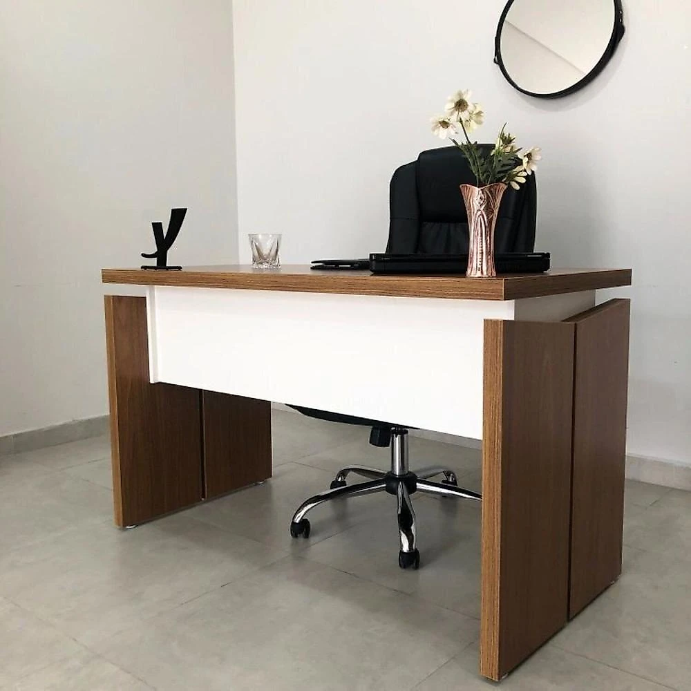 Kit Mesa Diretor em L para Escritório e Atendimento Freijó/Branco