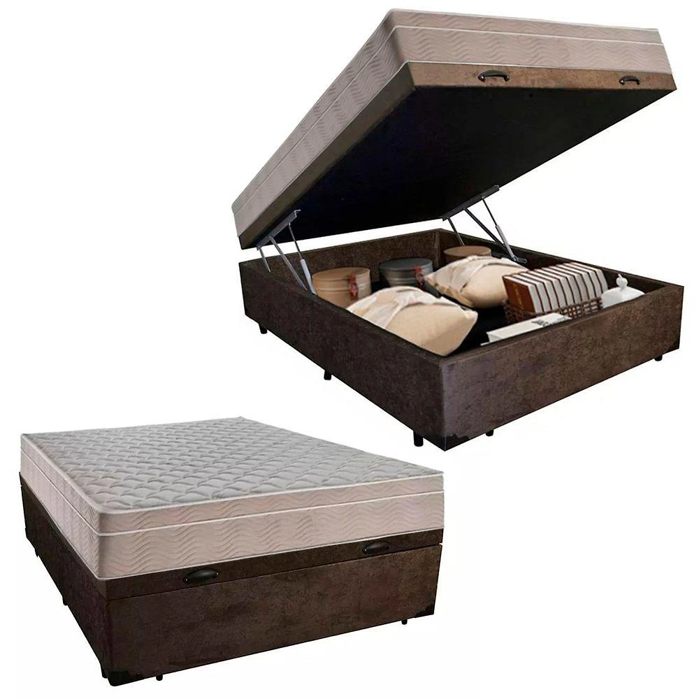 Cama Box Baú Casal Suede + Colchão Sereneprime Molas Ensacadas 138x188x69 Cor:marrom