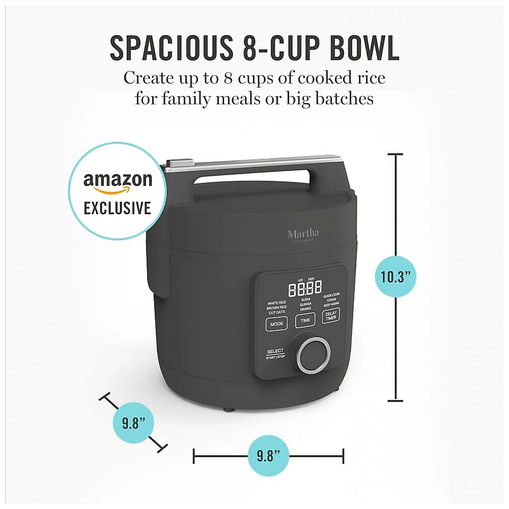Panela Elétrica de Arroz Martha Stewart Caviar Gray 4 Xícaras 8 Xícaras Cozidas Cerâmica Antiadesiva 9 Modos