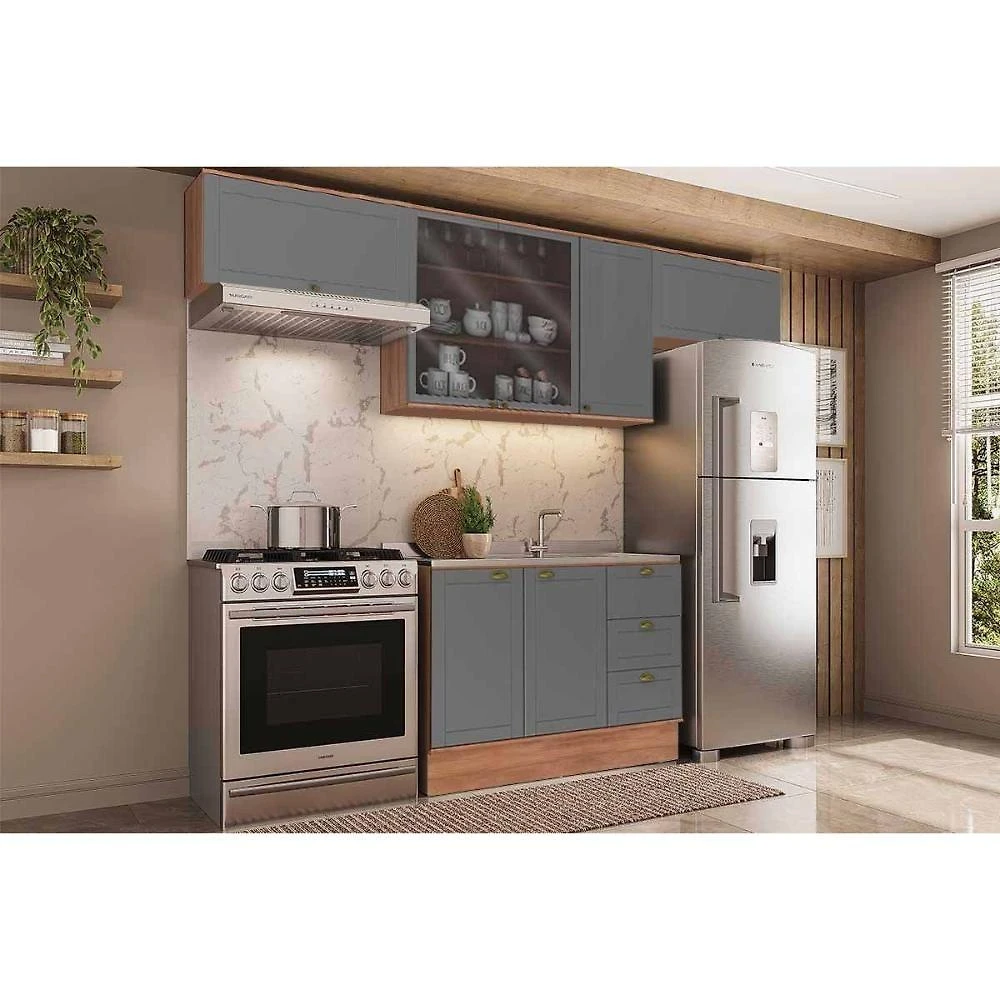 Cozinha Completa Bella 4 Peças 6 Portas 3 Gavetas MDF 120cm Cinza Nogal