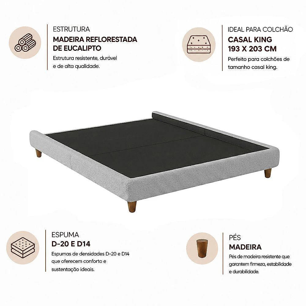 Cama Box King Otto Bouclé MDF-MDP Pés de Madeira Cinza Claro