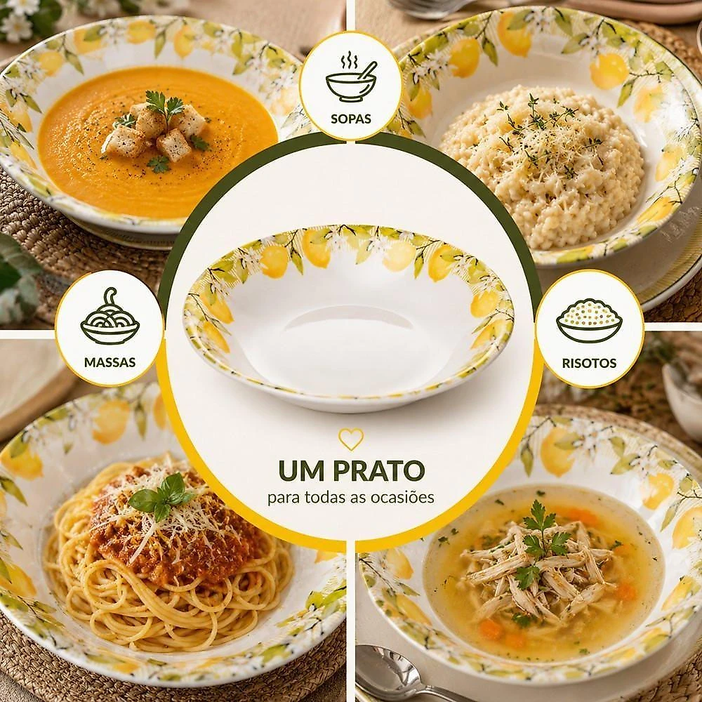 Prato Fundo Limão Siciliano 21cm Cerâmica Elegante para Sopas Branco Lyor