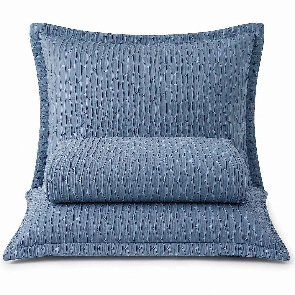 Cobre Leito King Plissado Dupla Face 3 Peças Percal Reversível Azul Lilly Home Enxovais