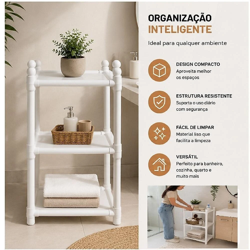 Estante Organizadora Multiuso 3 Prateleiras Plastico PP Banheiro Cozinha Lavanderia Escritorio