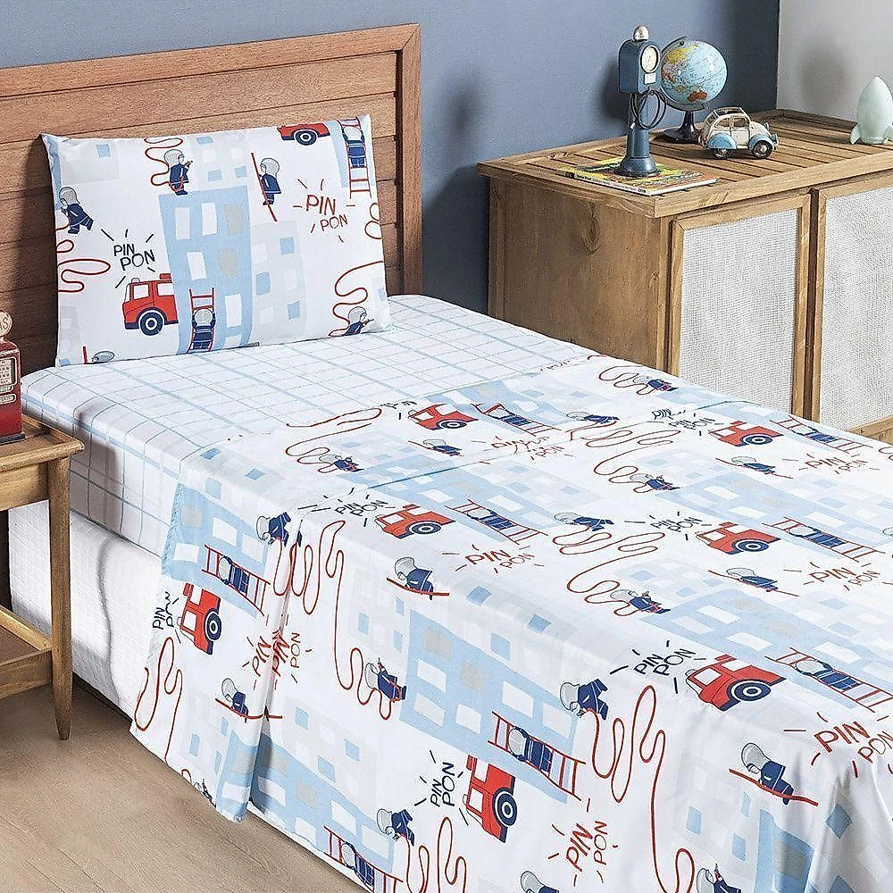 Kit Colcha + Jogo De Cama Bouti Kids Solteiro Infantil 5 Peças 100% Poliéster - Bombeiro