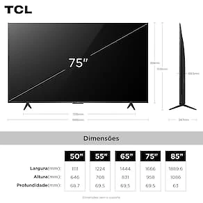 Smart TV 75” TCL QLED 4K Ultra HD 75P7K com Sistema Operacional Google TV, HDR10+, HDMI 2.1, Chromecast built-in, Dolby Vision e Atmos