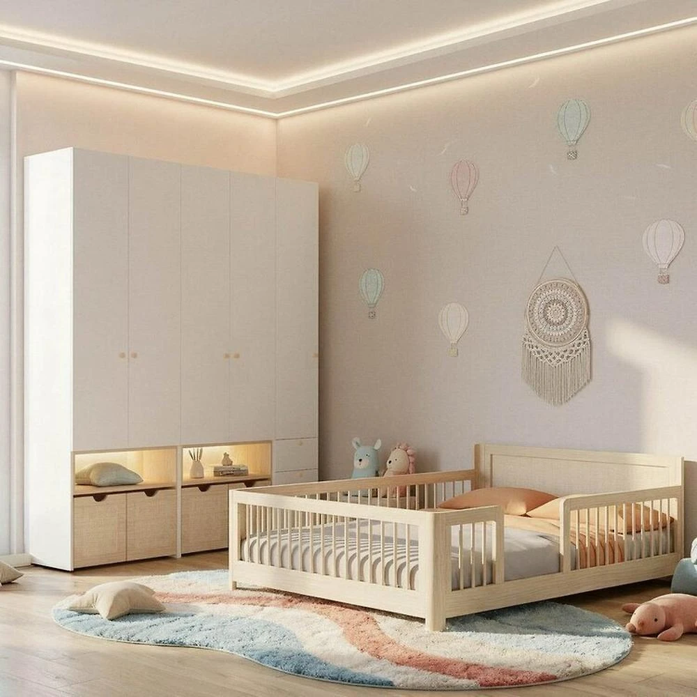 Guarda-Roupa Modulado e Cama Casal Montessoriano Infantil Wave Casatema MadeiraOriginals Natural/Branco