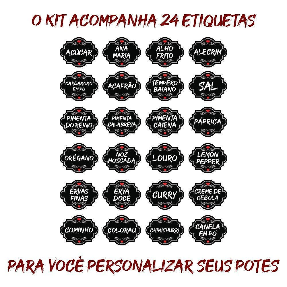 Pote Tempero Kit 10 Potes+24 Etiquetas Adesivas Q170 Preta