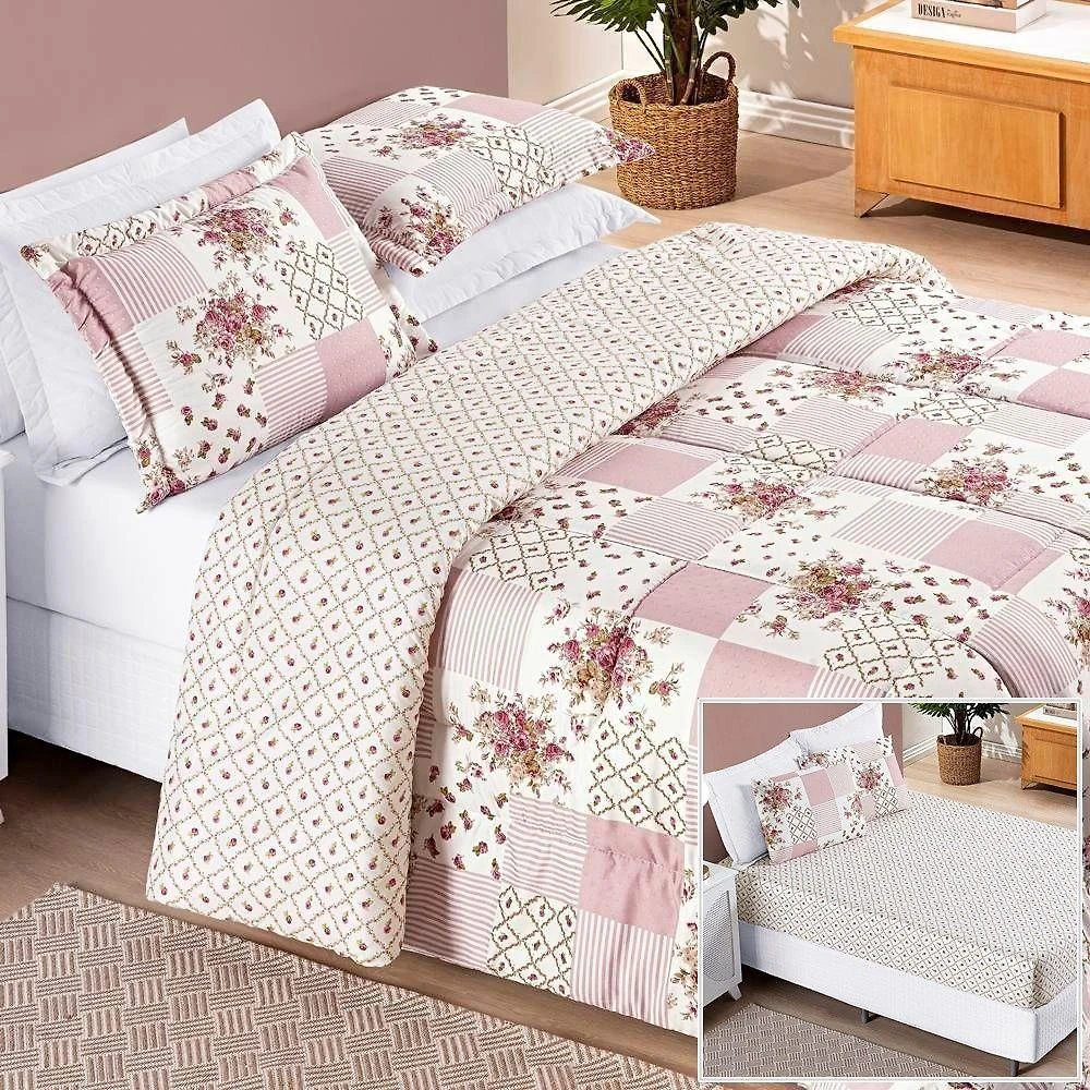 Edredom 2,60m X 2,40m + Jogo De Cama Bouti Estampado King 06 Peças 100% Poliéster - Rosa Matura
