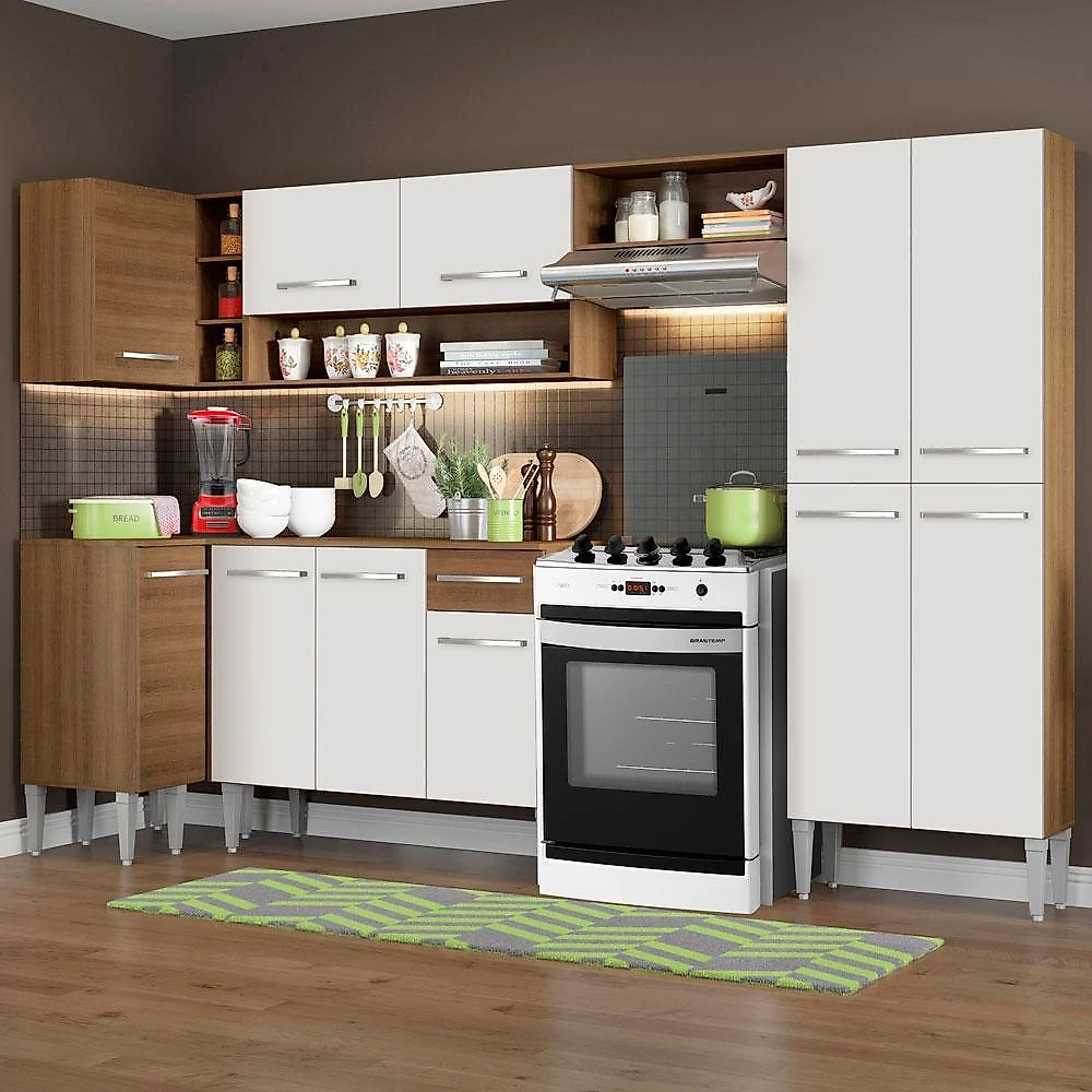 Cozinha completa de canto reto madesa emilly sun com armário e balcão 11 portas 1 gaveta - rustic/branco