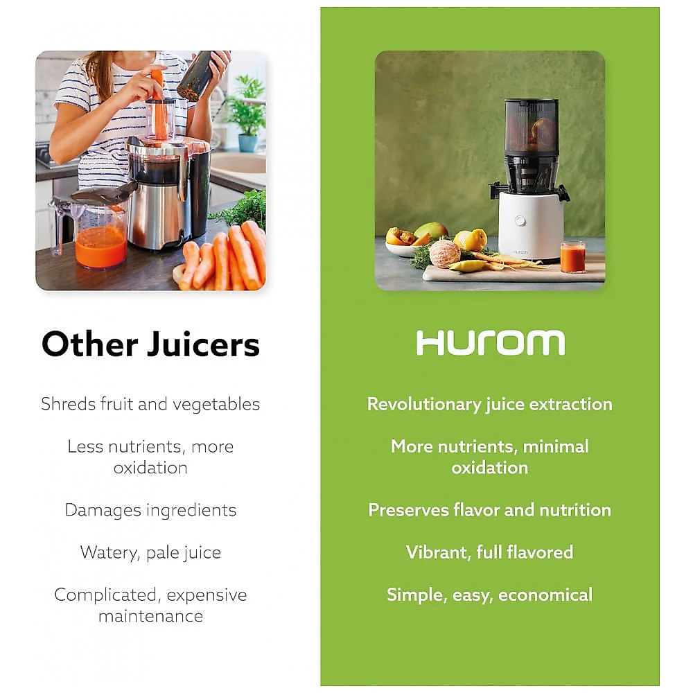 Extrator de Suco Hurom H320 Cold Press, Fácil de Limpar, Máquina de Sucos Lenta, Filtros Grossos, Autoalimentação, Sem as Mãos, Tamanho Família,