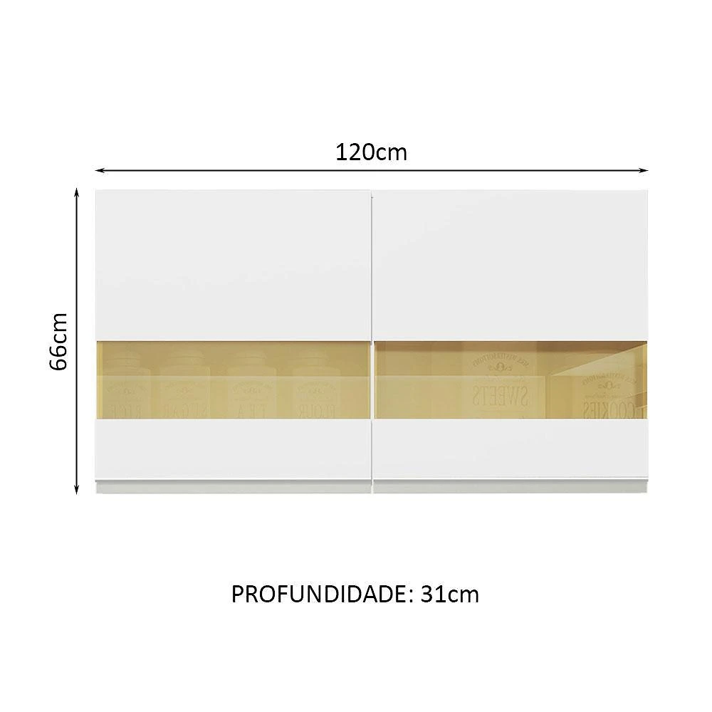 Armário de cozinha aéreo 120 cm 2 portas com vidro branco glamy madesa