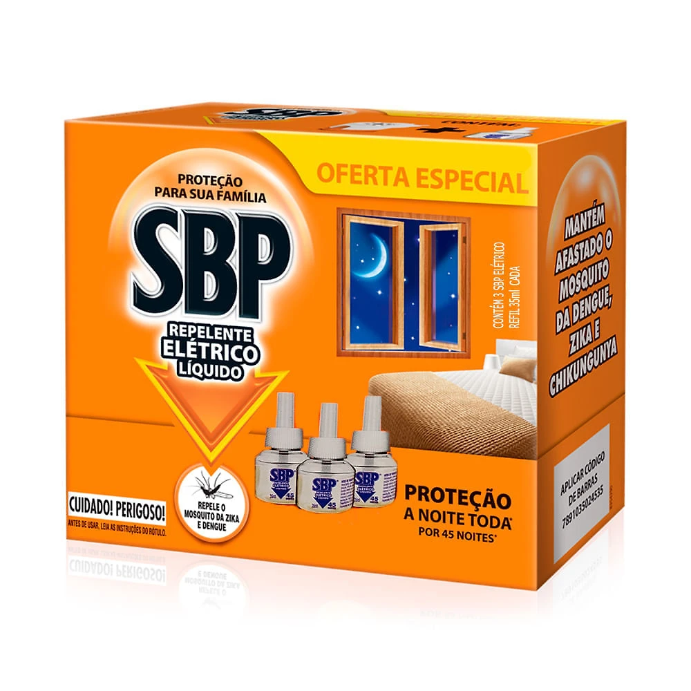 Repelente Elétrico Líquido SBP 45 Noites com 3 Refis 35ml Cada Oferta Especial
