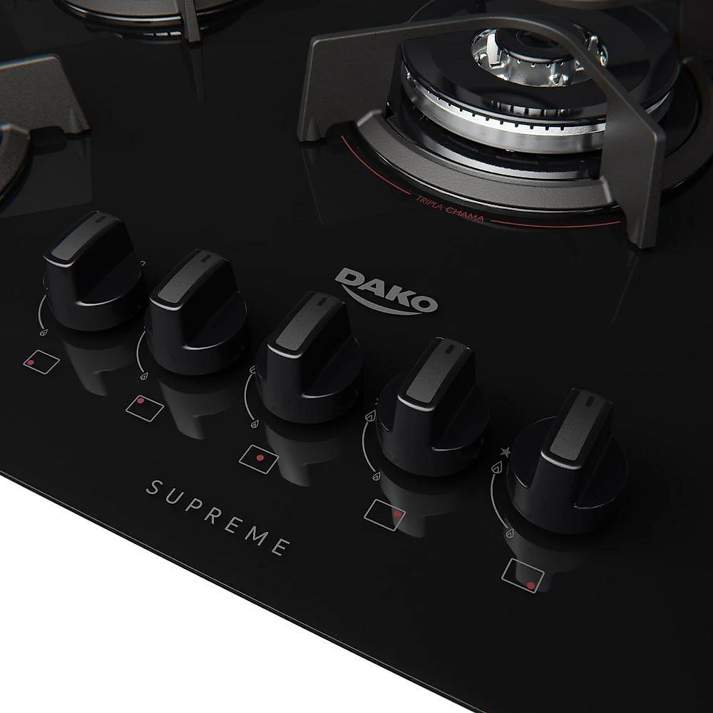 Cooktop 5 Bocas Preto Com Mesa De Vidro E Tripla Chama Dako Supreme Bivolt