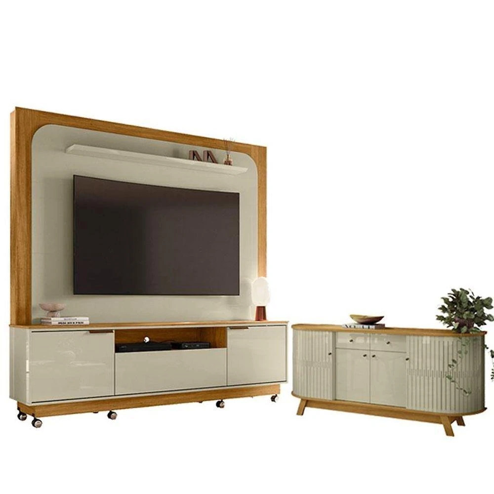 Estante Home Theater Nilo Com Rodízios Com Aparador Para Sala Buffet Mônaco Cumaru Opala - Madetec