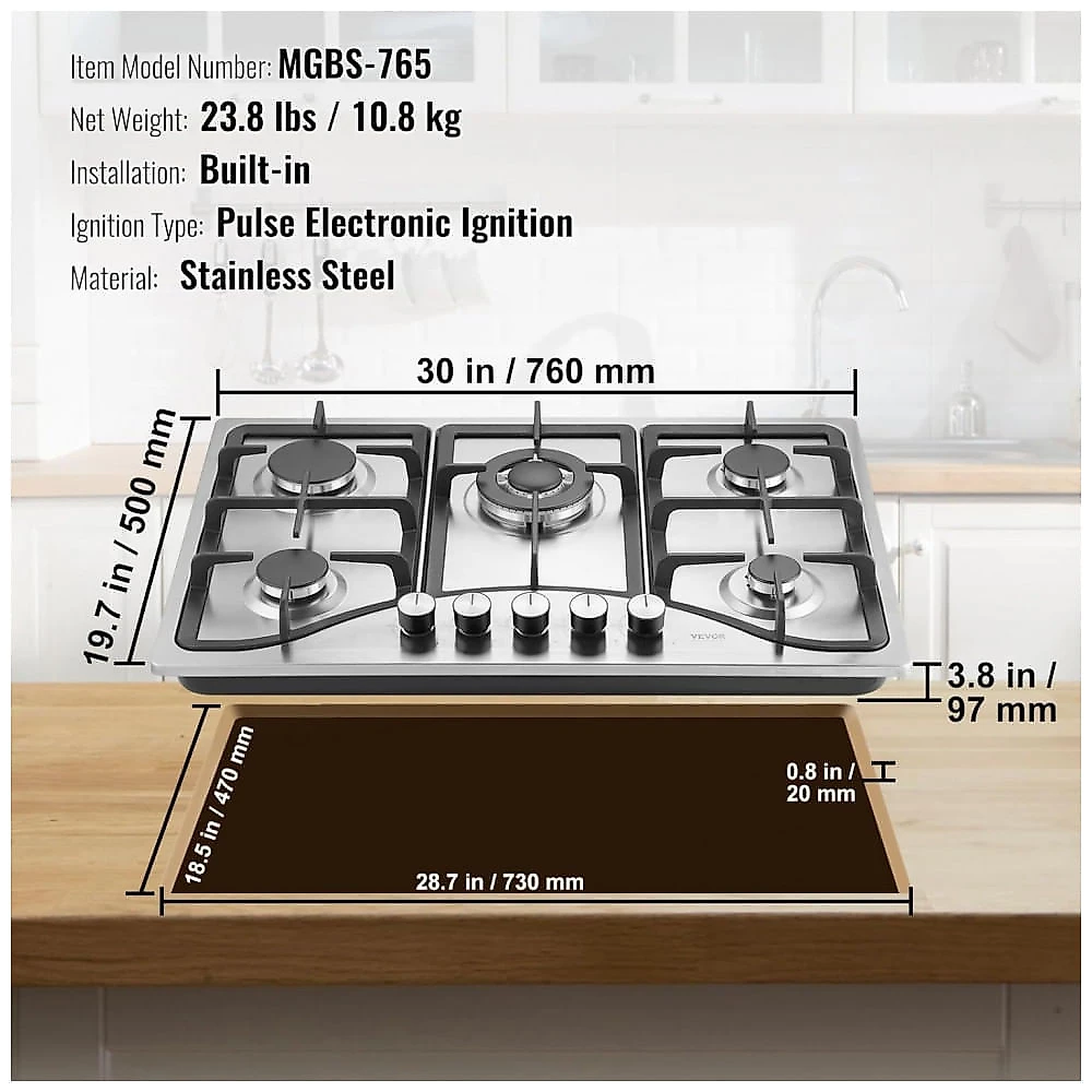 Cooktop a gás 5 bocas VEVOR inox escovado embutir conversível GN/GLP com5 Queimadores, Aço Inox, Segurança com Termopar, Alta Eficiência 110V