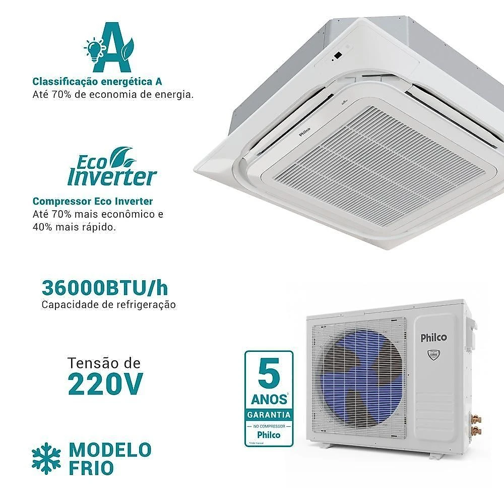 Ar Condicionado Split Philco Cassete Eco Inverter 36.000 Btu/h Frio Monofásico PAC36000ICFM16 220V
