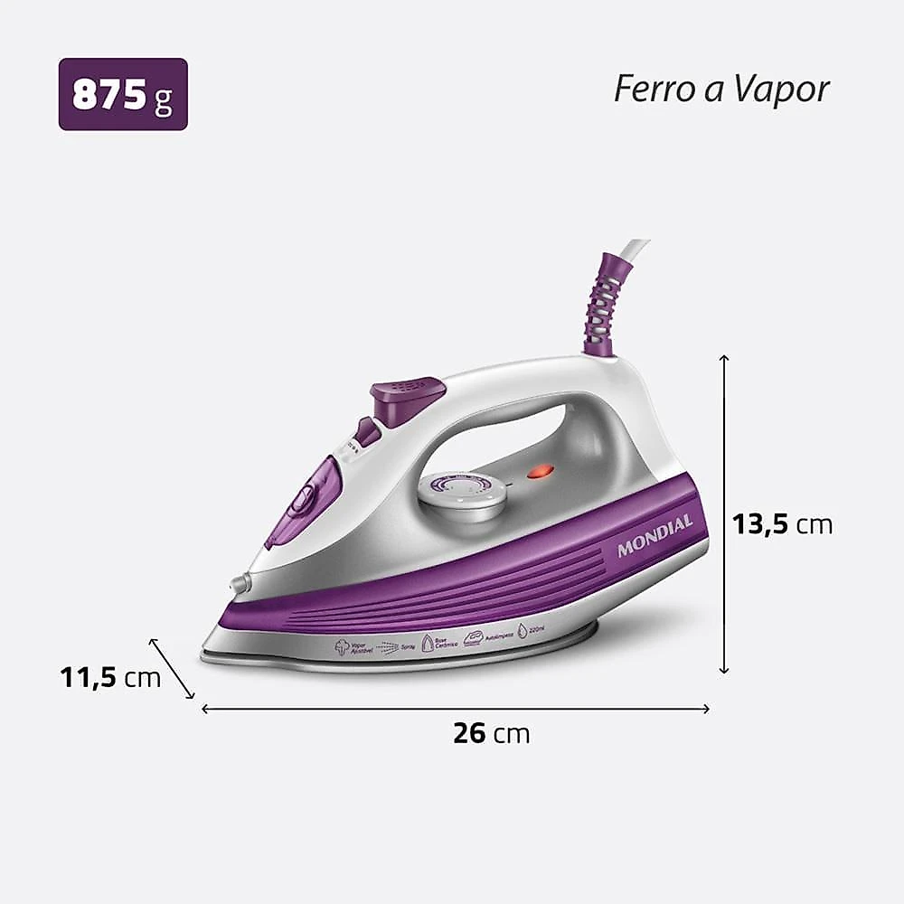 Ferro de passar a vapor mondial fvn-01-p spray e base cerâmica diamante branco/roxo 110