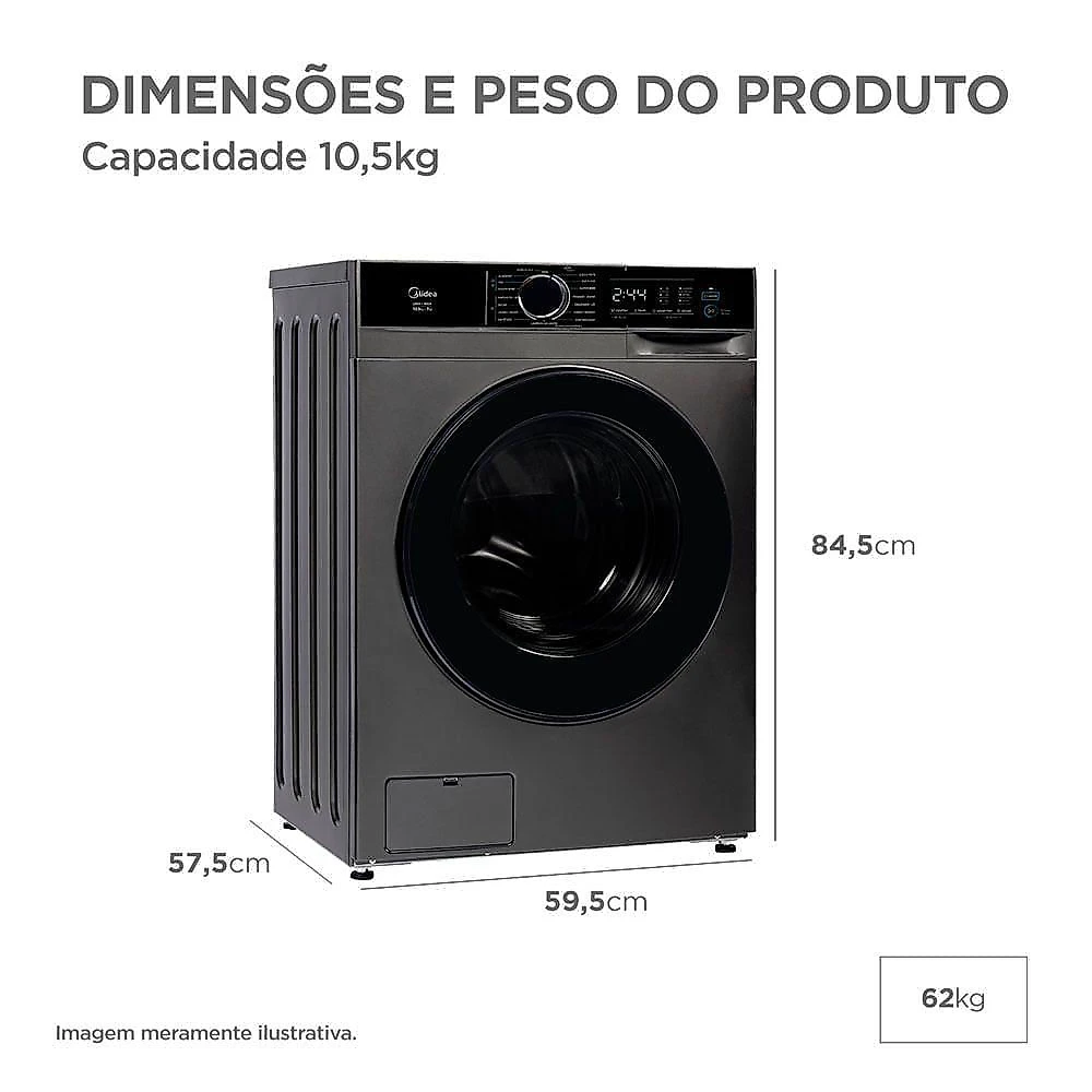 Lava e Seca Midea MFA01D105B-GK-01 10,5kg Inverter Titanium Ciclo Pets 7kg Secagem 110V