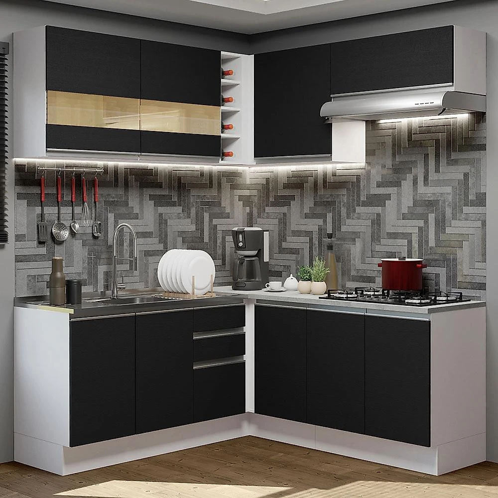 Cozinha completa de canto madesa glamy 349001 com armário e balcão (sem tampo e pia) - branco/preto