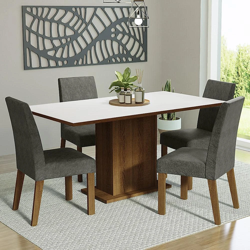 Conjunto sala de jantar mesa tampo de madeira 4 cadeiras rustic/branco/silver keila madesa