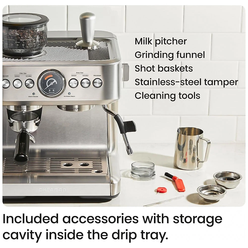 Máquina de Espresso Chefman Crema Supreme Aço Inox Moedor Cônico 30 Ajustes Reservatório 3L 1450W 120V