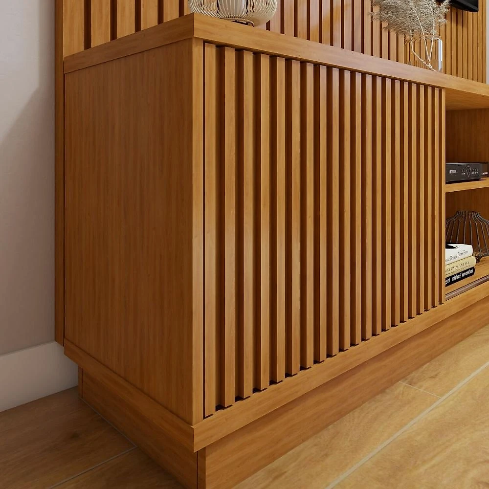 Rack com Painel para TV até 75 Polegadas Ripado 100% MDF sem Led 220cm Paris Arezzo Conjunto Rack Arezzo 220cm com Painel Ripado para Tv de até 75 Polegadas Paris Naturalle