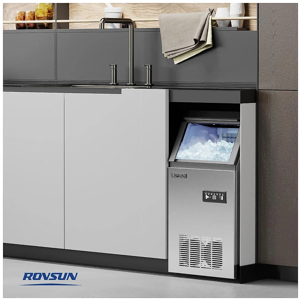 Máquina de Gelo Comercial ROVSUN 110 lbs Inox Auto Limpeza LCD 110V