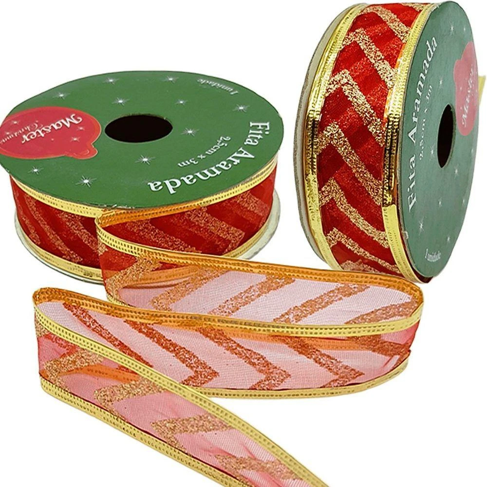 Kit 12 Rolos Fita Aramada Natalina para Artesanato e Embalagens com Gliter Vermelho
