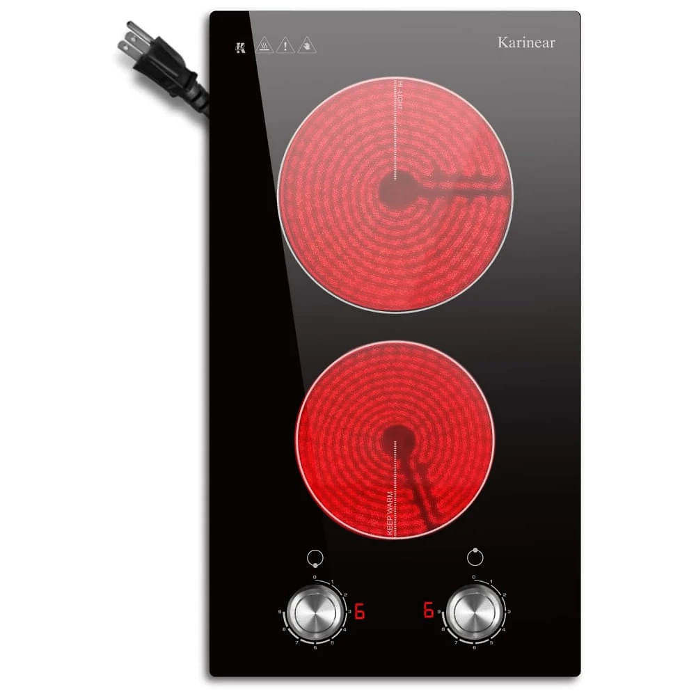 Cooktop Elétrico Karinear 110V 2 Bocas 30cm Controle por Botão Cooktop de Cerâmica Embutido, 9 Níveis de Aquecimento, Aviso de Calor, Proteção contra