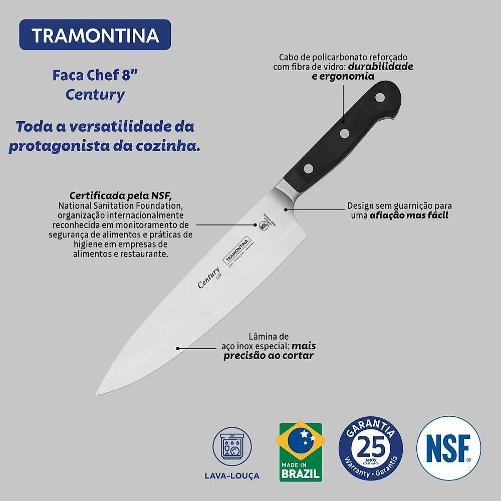 Faca Chef Tramontina Century Com Lâmina Em Aço Inox E Cabo Em Policarbonato E Fibra De Vidro 8 Polegada