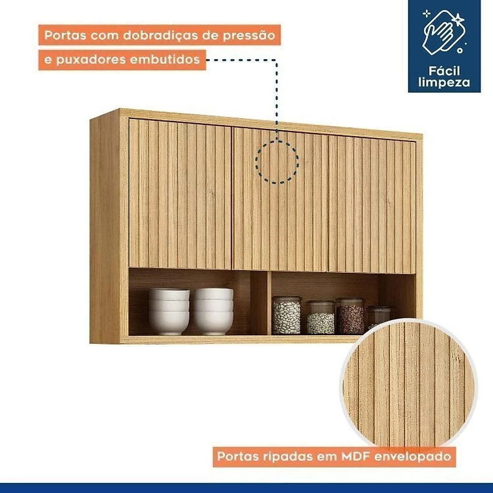 Conjunto de Cozinha Balcão 3 Portas 2 Gavetas e Armário Aéreo 120cm 3 Portas Ripado Torino Cinamomo/Off White