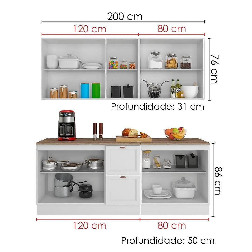Cozinha Modulada Unna J00110P 6 Portas 3 Gavetas 200cm Branco Poliman Móveis