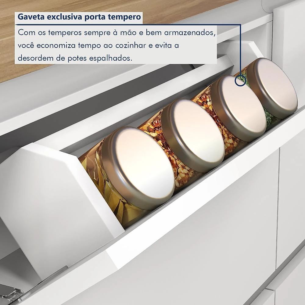 Balcão 1 Porta Basculante 4 Gavetas 120Cm  100% Mdf Rainha Branco/Nature