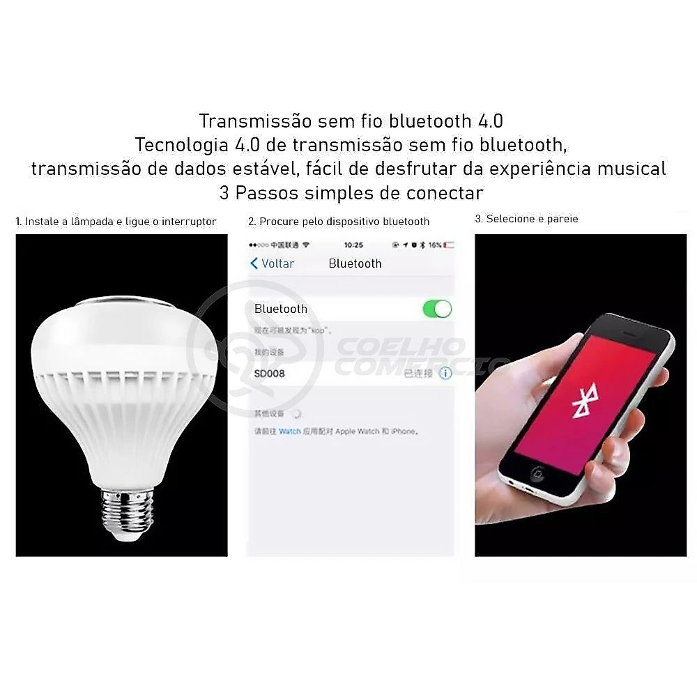 Lâmpada Led 12W E27 Rgb Colorida Com Caixa De Som Bluetooth
