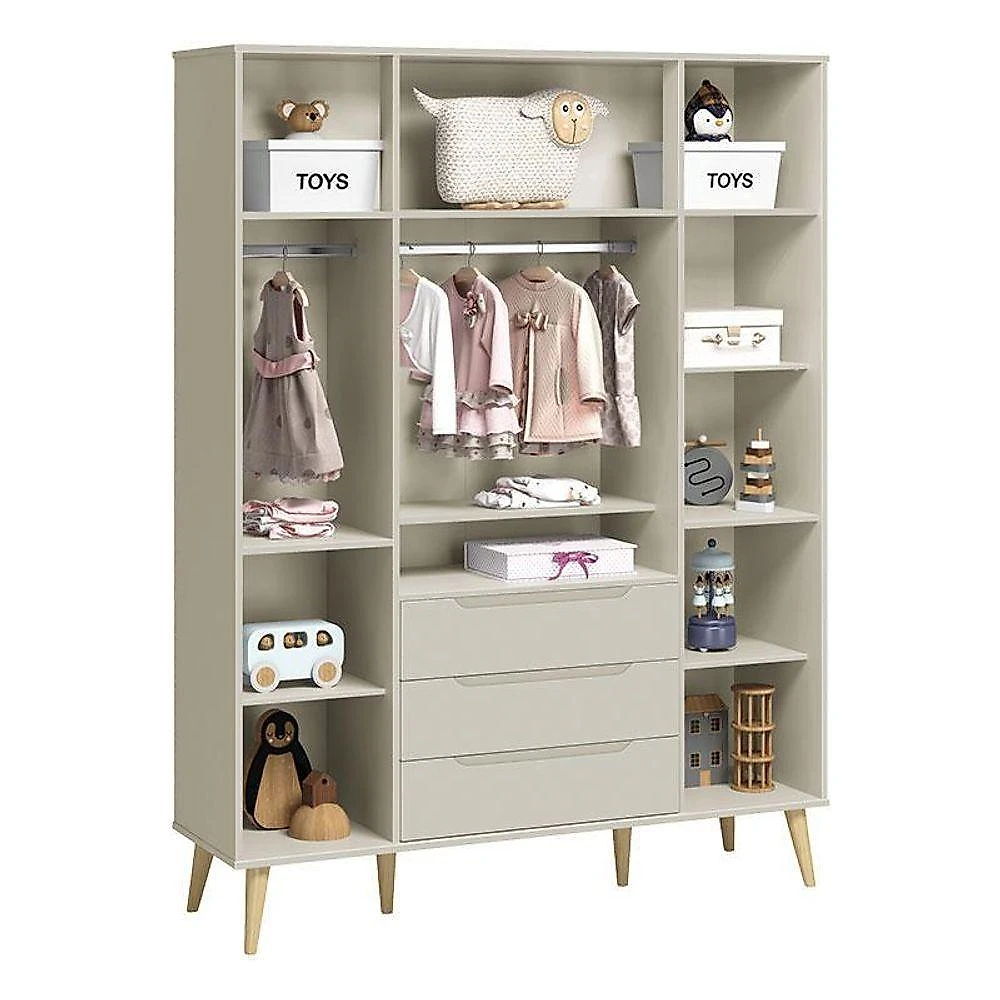Quarto De Bebê 4 Portas Com Cômoda Gaveteiro Elfe Retrô E Berço Americano Danny Areia Acetinado Natural - Reller
