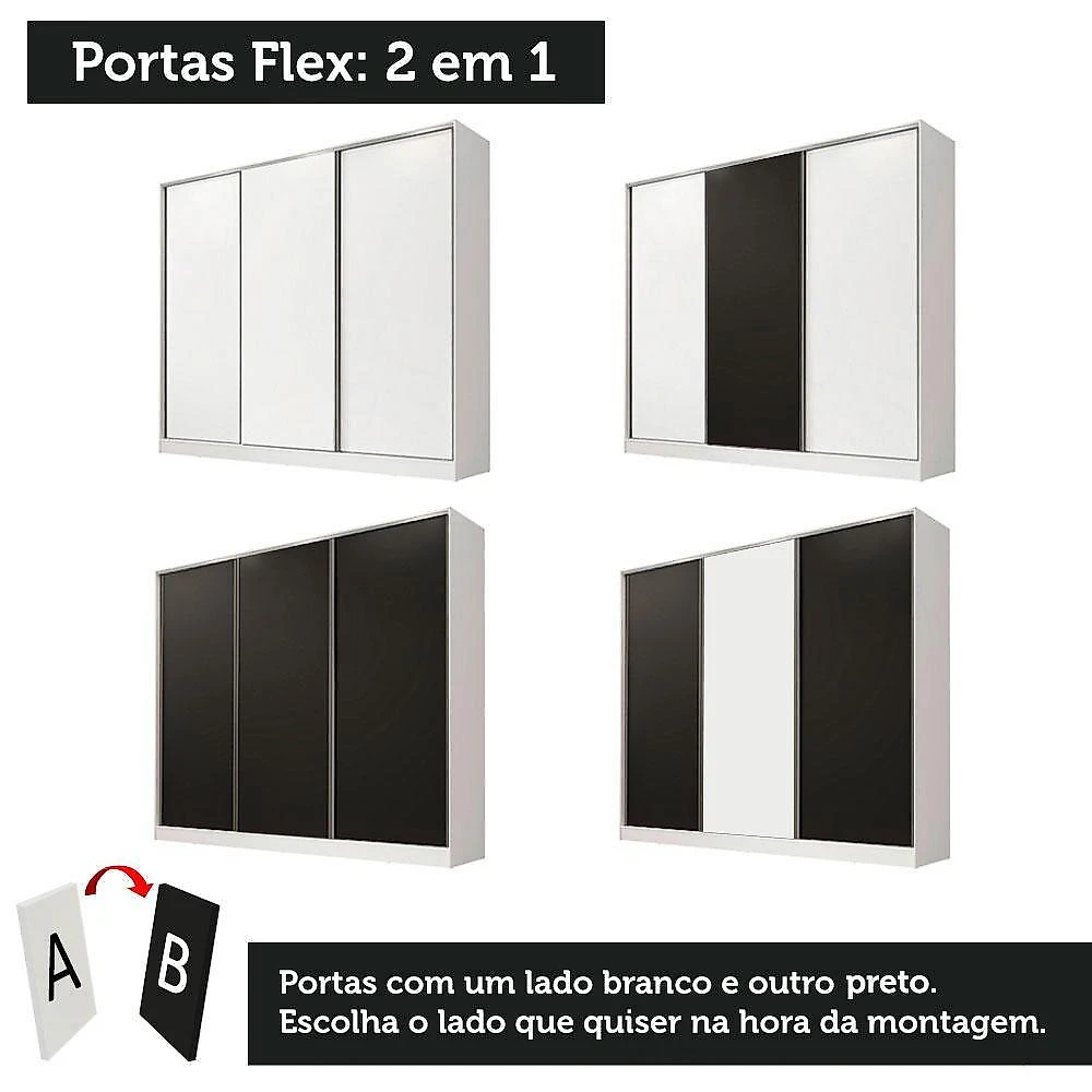 Guarda roupa casal 100% mdf madesa royale 3 portas de correr - branco/branco/preto