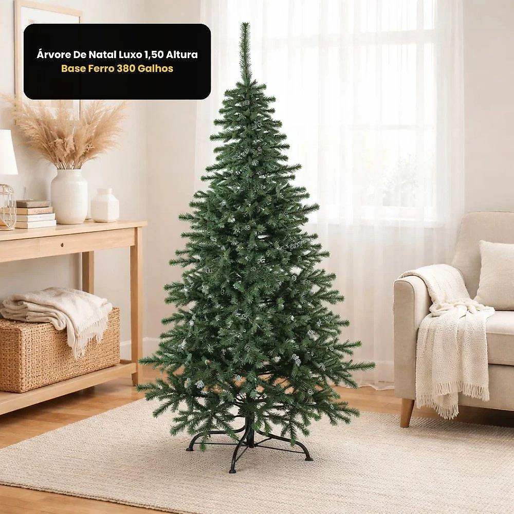 Árvore de Natal Luxo 1,50m 380 Galhos Base em Ferro Pvc Montagem Fácil para Sala
